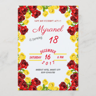 Invitación de cumpleaños floral roja y amarilla