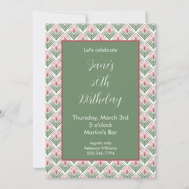 Invitación de cumpleaños floral roja y verde (Anverso)