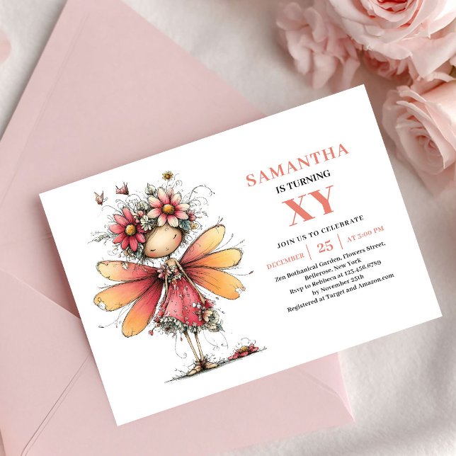 Invitación de cumpleaños floral rosa de niña hada  (Vibrant Fairy Girl Birthday Pink Floral invitation)
