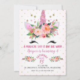 Invitación de cumpleaños floral rosa de unicornio