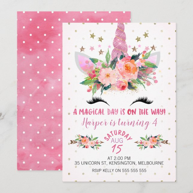 Invitación de cumpleaños floral rosa de unicornio (Anverso / Reverso)