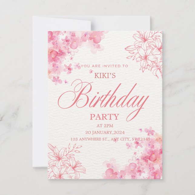 Invitación de cumpleaños floral rosa elegante (Anverso)
