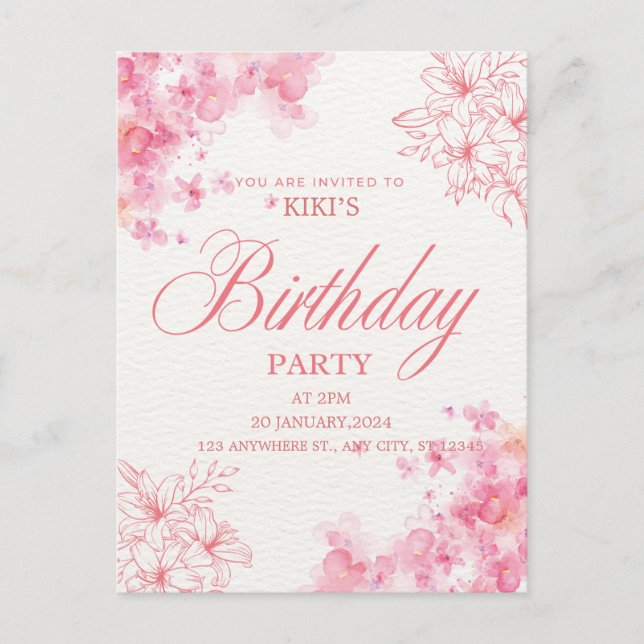 Invitación de cumpleaños floral rosa elegante (Anverso)
