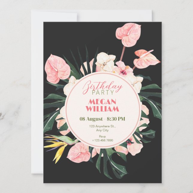 Invitación de cumpleaños floral rosa negro (Anverso)