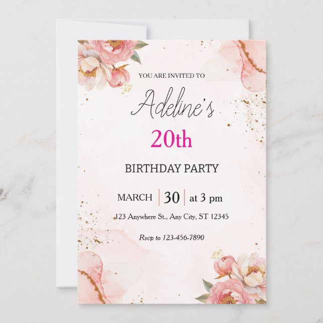 Invitación de cumpleaños floral rosa rubor (Anverso)