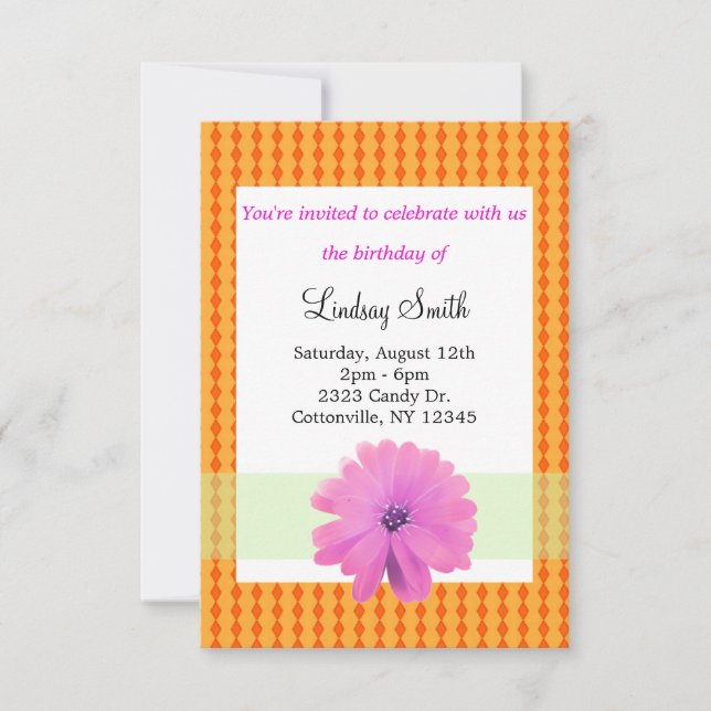 Invitación de cumpleaños floral rosa y Naranja (Anverso)