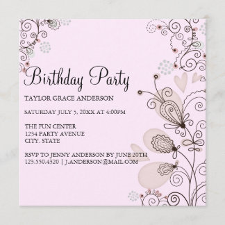 Invitación de cumpleaños floral rosa y negra