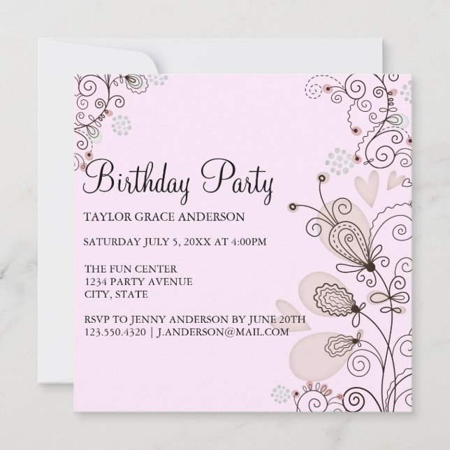 Invitación de cumpleaños floral rosa y negro (Anverso)