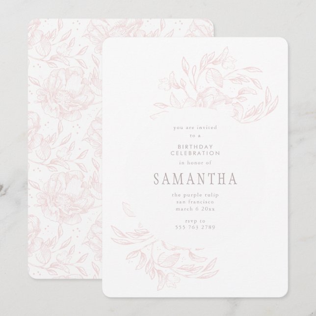 Invitación de cumpleaños floral rosada romántica d (Anverso / Reverso)