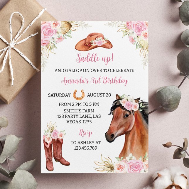 Invitación de cumpleaños floral rústica a caballo (Subido por el creador)