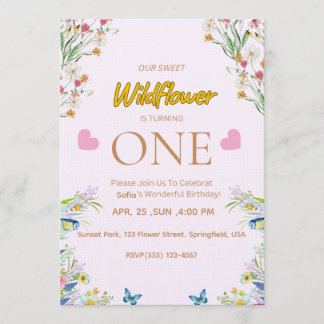 Invitación de cumpleaños floral salvaje y onederfu