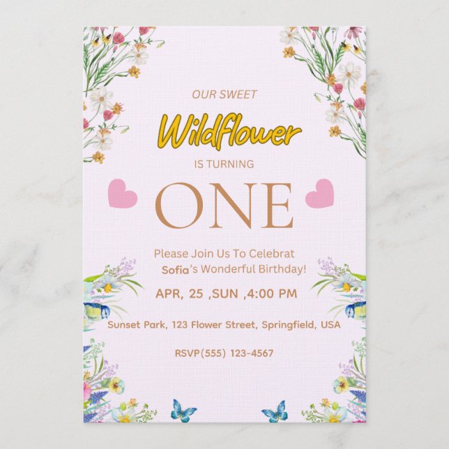 Invitación de cumpleaños floral salvaje y onederfu (Anverso)