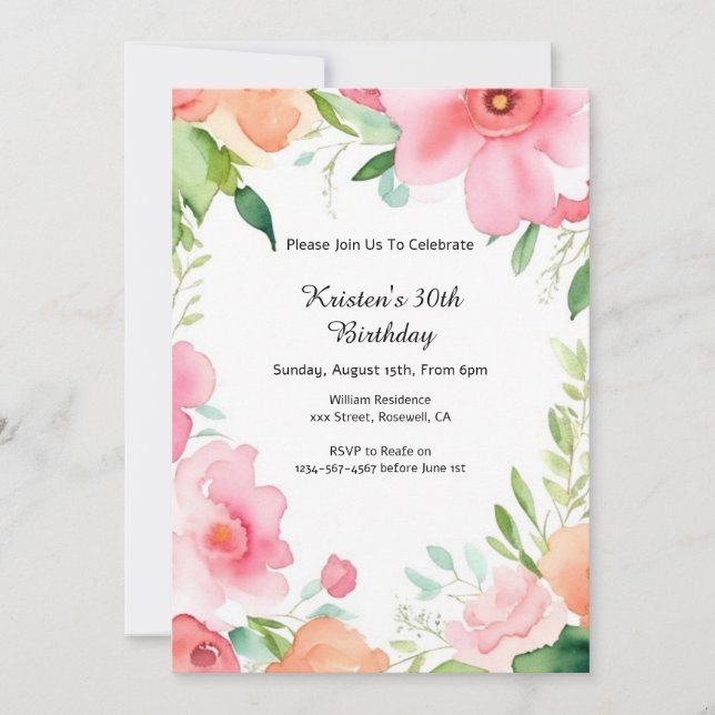 Invitación de cumpleaños floral simple (Anverso)