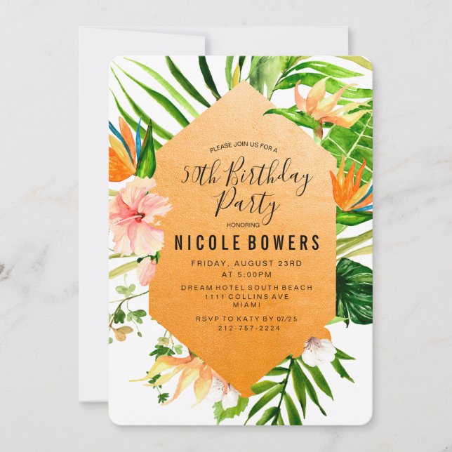 Invitación de cumpleaños floral tropical (Anverso)