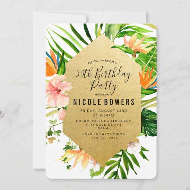Invitación de cumpleaños floral tropical (Anverso)