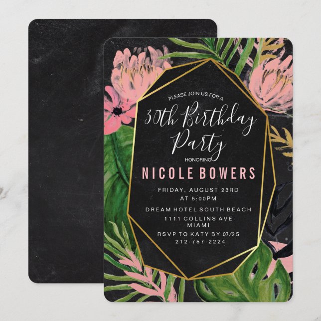 Invitación de cumpleaños floral tropical para cual (Anverso / Reverso)
