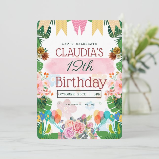 Invitación de cumpleaños floral verde colorida (Anverso de pie)