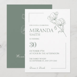 Invitación de cumpleaños floral verde salvia con a