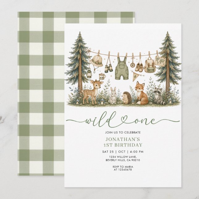 Invitación de cumpleaños Forest Wild One (Anverso / Reverso)