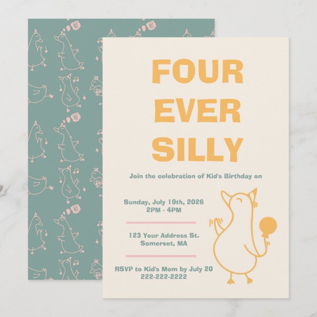 Invitación de cumpleaños Four Ever Silly Goose (Anverso / Reverso)