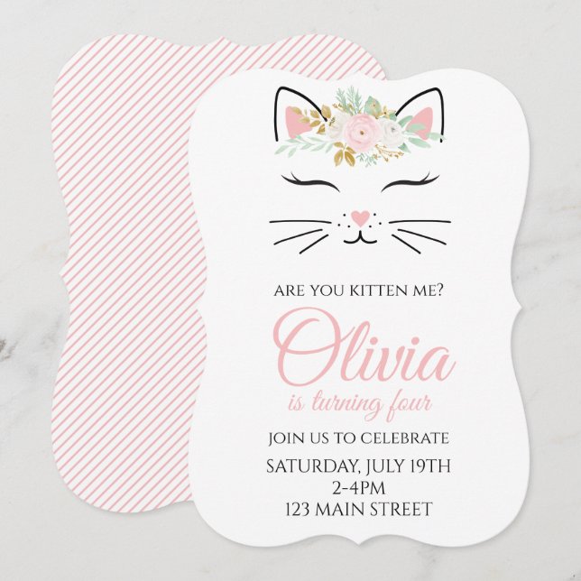 Invitación de cumpleaños gatita con cara de gatito (Anverso / Reverso)