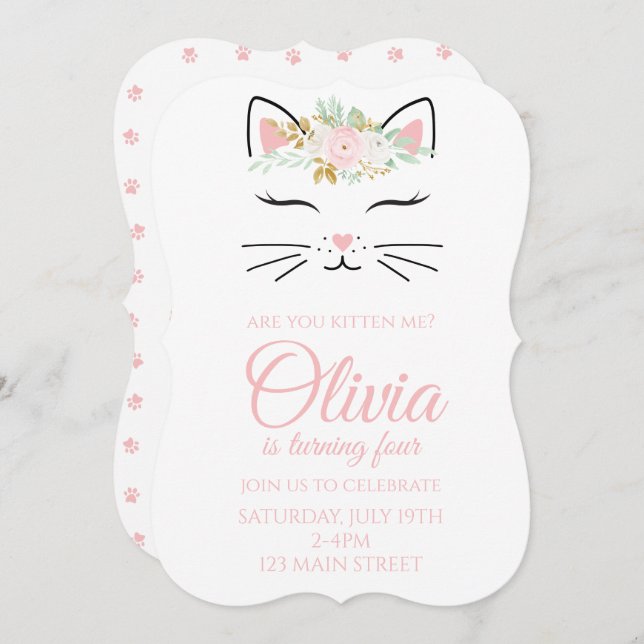 Invitación de cumpleaños gatita con cara de gatito (Anverso / Reverso)