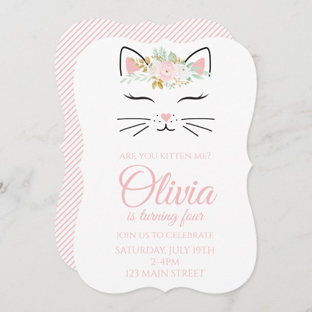 Invitación de cumpleaños gatita con cara de gatito (Anverso / Reverso)