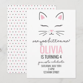 Invitación de cumpleaños gatita con corazones rosa