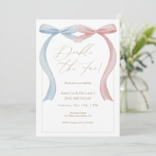 Invitación de cumpleaños gemelo con lazo azul rosa