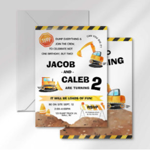 Invitación de cumpleaños gemelo de construcción pa