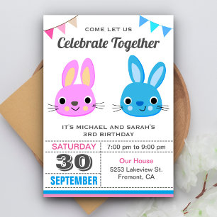 Invitación de cumpleaños gemelo de niño niña conej