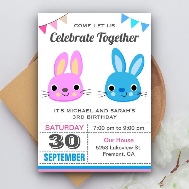 Invitación de cumpleaños gemelo de niño niña conej (Subido por el creador)