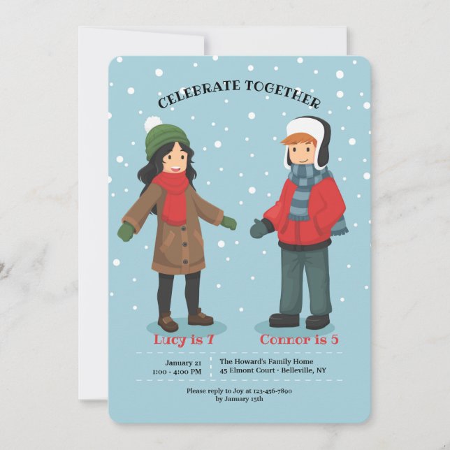 Invitación de cumpleaños gemelos o de invierno con (Anverso)