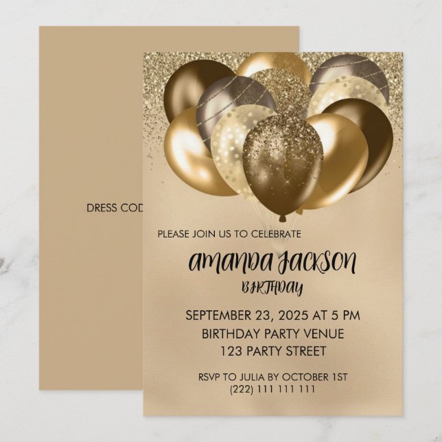Invitación de cumpleaños general con globos de oro (Anverso / Reverso)
