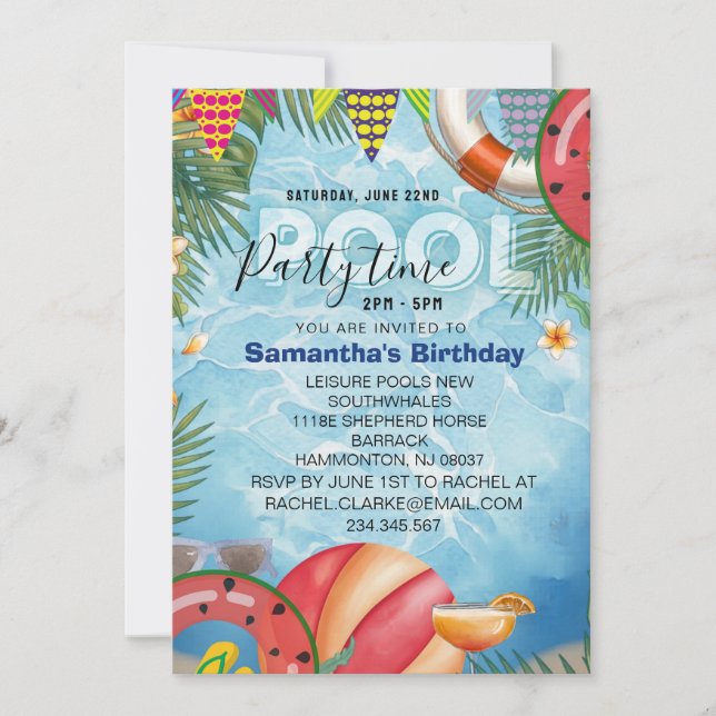 Invitación de cumpleaños genial de piscina (Anverso)