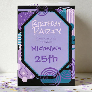 Invitación de cumpleaños geométrica morada y azul