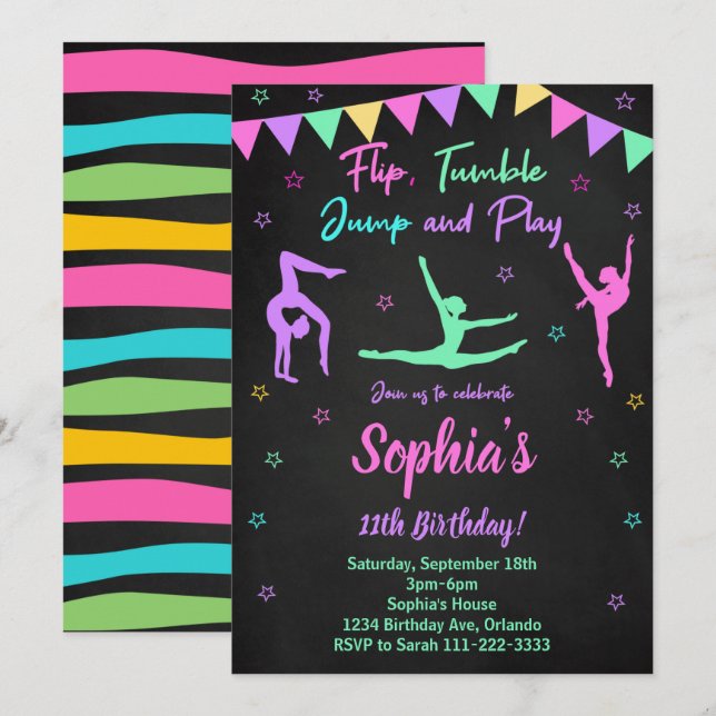 Invitación de cumpleaños gimnástica (Anverso / Reverso)