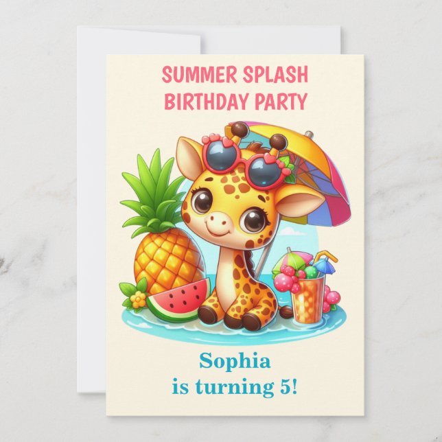 Invitación de cumpleaños Giraffe Summer Splash par (Anverso)