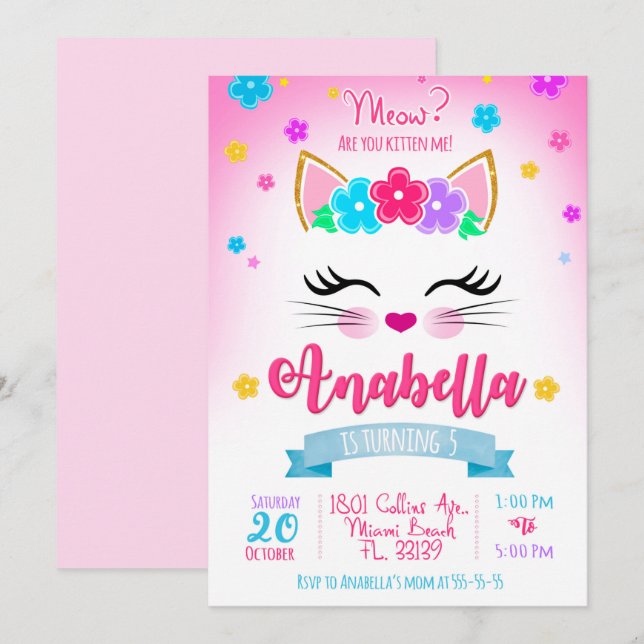 Invitación de cumpleaños gitana, fiesta de gatitos (Anverso / Reverso)