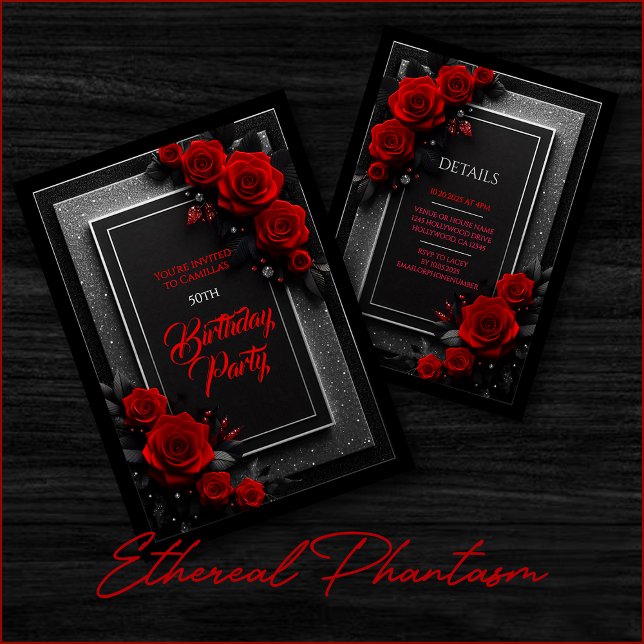 Invitación de cumpleaños Glam negra con rosas roja (red black silver roses glitter birthday party wedding bridal elegant floral dark moody invitation.)