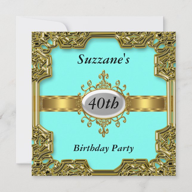 Invitación de cumpleaños glamurosa Gold Aqua (Anverso)