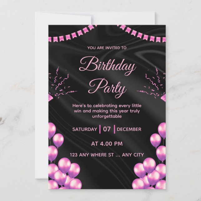 Invitación de cumpleaños glamuroso Black Pink (Anverso)