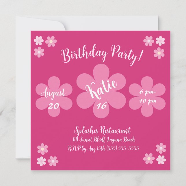 Invitación de cumpleaños glamuroso con flor de col (Anverso)