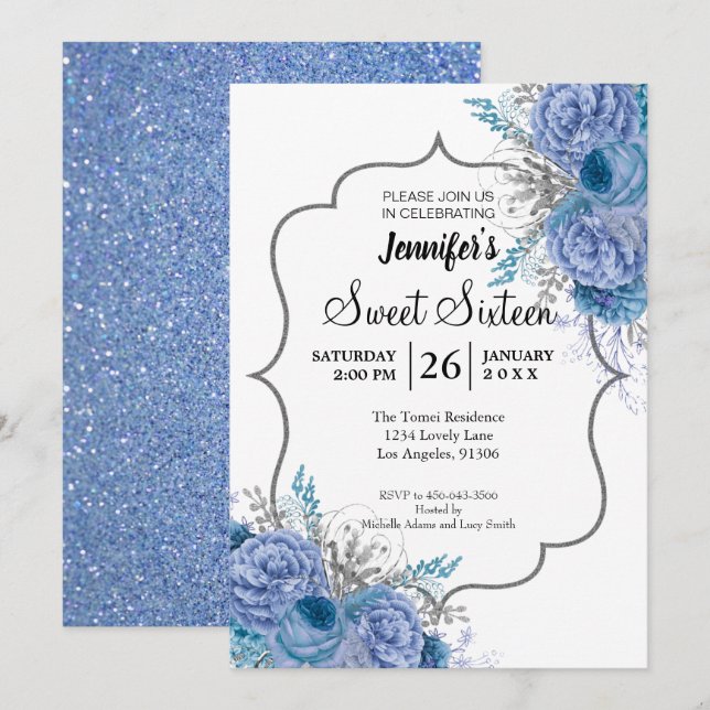 Invitación de cumpleaños Glitter Blue Floral Sweet (Anverso / Reverso)