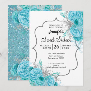 Invitación de cumpleaños Glitter Blue Floral Sweet
