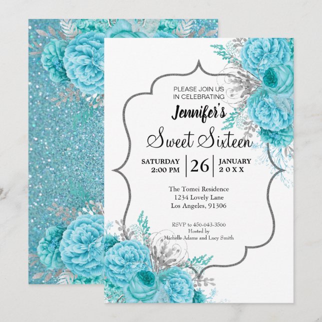 Invitación de cumpleaños Glitter Blue Floral Sweet (Anverso / Reverso)