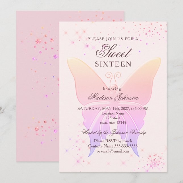 Invitación de cumpleaños Glitter Pink Sweet 16 (Anverso / Reverso)