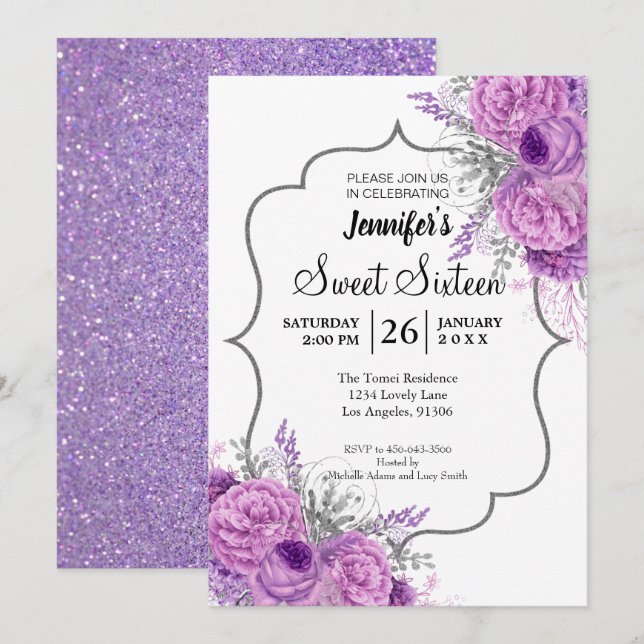 Invitación de cumpleaños Glitter Purple Floral Swe (Anverso / Reverso)