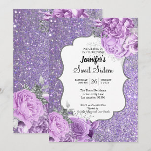 Invitación de cumpleaños Glitter Purple Floral Swe