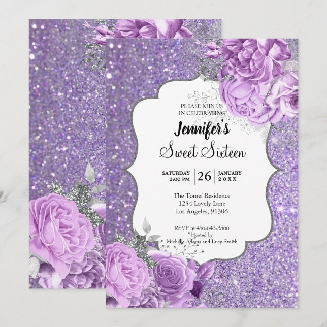 Invitación de cumpleaños Glitter Purple Floral Swe (Anverso / Reverso)